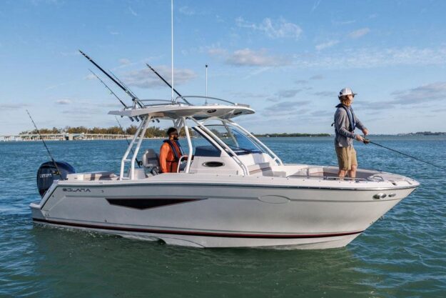 Manufacturer Provided Image: 2025 Solara S-250 CW boat with anglers fishing on calm water.